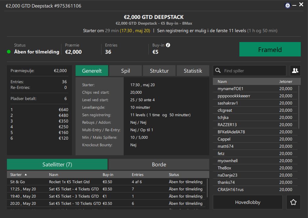 Billede af turneringsskærmen inde i pokersoftwaren, forhåndsregistreret